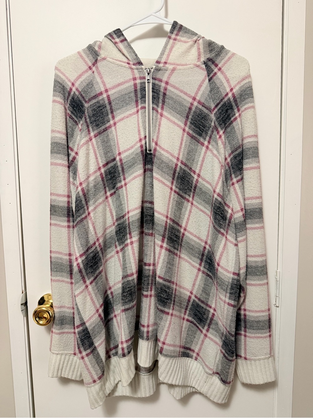 torrid Cream Plaid Hooded Half-Zip Sweater with Red & Gray Accents